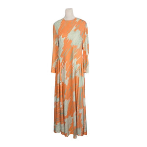 Vintage Parnes Feinstein Coral Pattern Long Sleeve Maxi Dress RARE Large 12/14